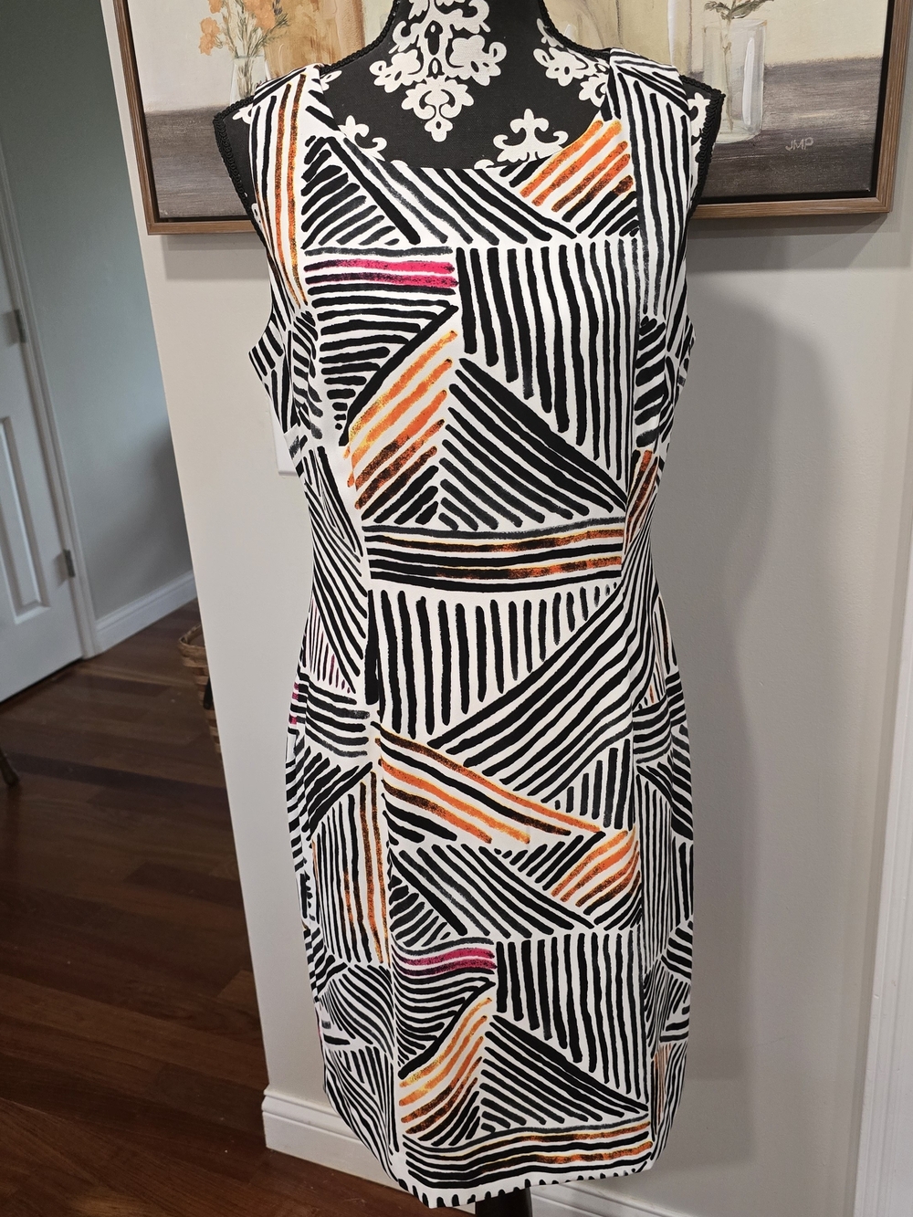 Ivanka Trump Black, White & Orange Geometric Midi Dress